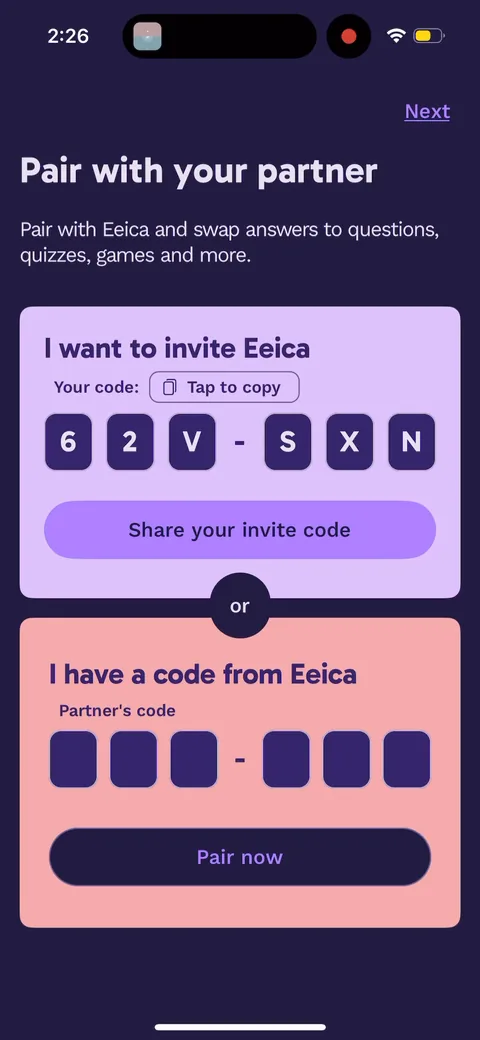 Paired onboarding screen 36: The invite-your-partner step is the growth loop