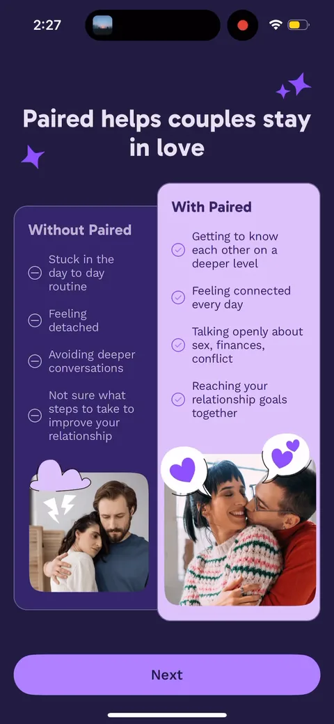 Paired onboarding screen 64: Classic with/without comparison right before the paywall