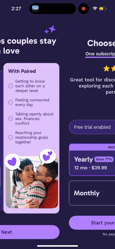 Paired onboarding screen 65: Paywall defaults to yearly with the 7-day trial toggle already on, monthly sitting beside it as the expensive…