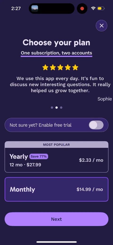 Paired onboarding screen 67: Second paywall page drops yearly from $39.99 to $27.99 and flips the trial toggle off with 'Not sure yet