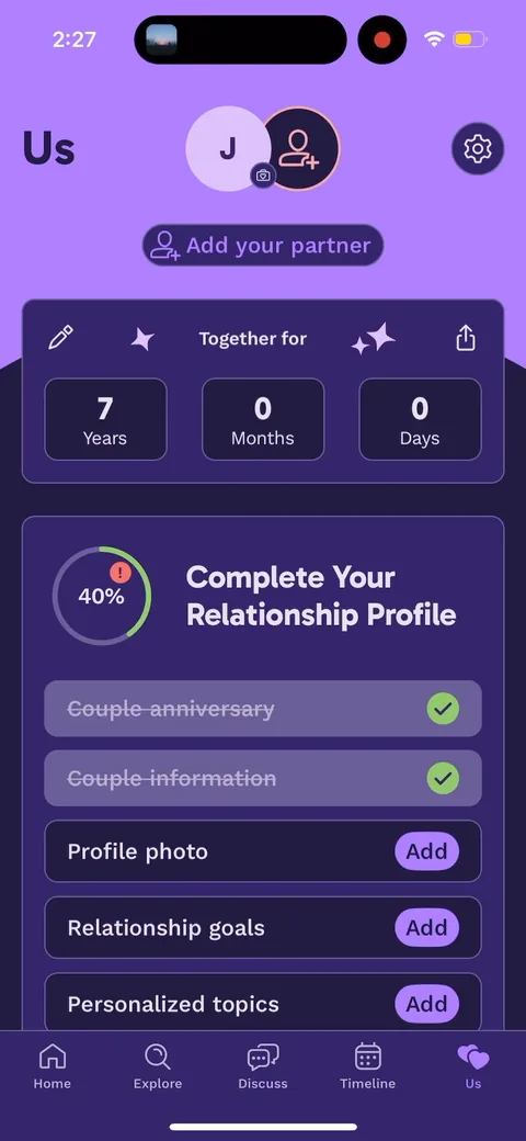 Paired onboarding screen 86: Post-paywall they push 'complete your relationship profile' (photo, goals, topics) instead of dropping you on…