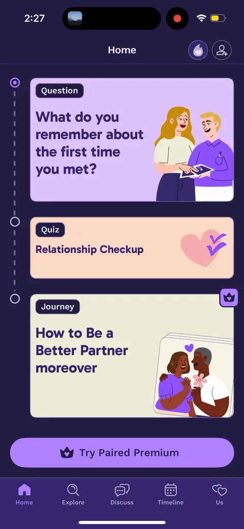Paired onboarding screen 87: The home keeps a 'Try Paired Premium' entry, so the paywall is skippable and the app runs freemium underneath