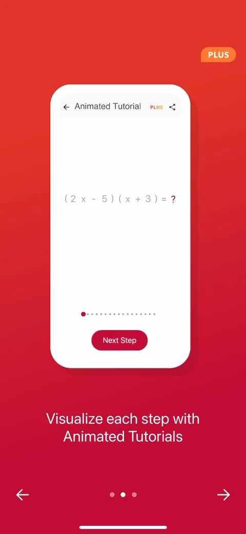 Photomath onboarding screen 3: 'Visualize each step with Animated Tutorials' carries a PLUS badge on screen three