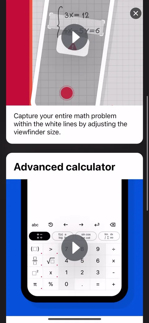Photomath onboarding screen 12: 'How to use' videos for camera framing and the calculator