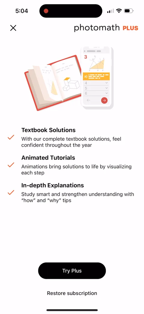 Photomath onboarding screen 16: Three benefits, 'Try Plus', and a restore link