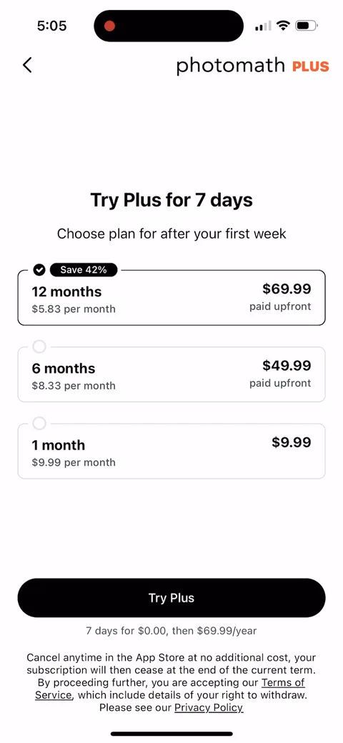 Photomath paywall with pricing, onboarding screen 17
