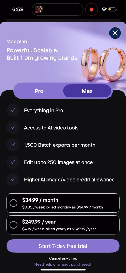 Photoroom paywall with pricing, onboarding screen 3