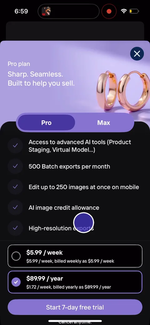 Photoroom onboarding screen 4: The 'Pro' tab of the same paywall: 'Sharp