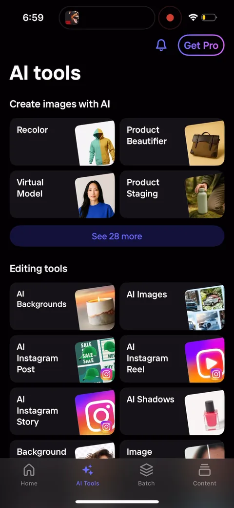 Photoroom onboarding screen 11: The AI Tools hub