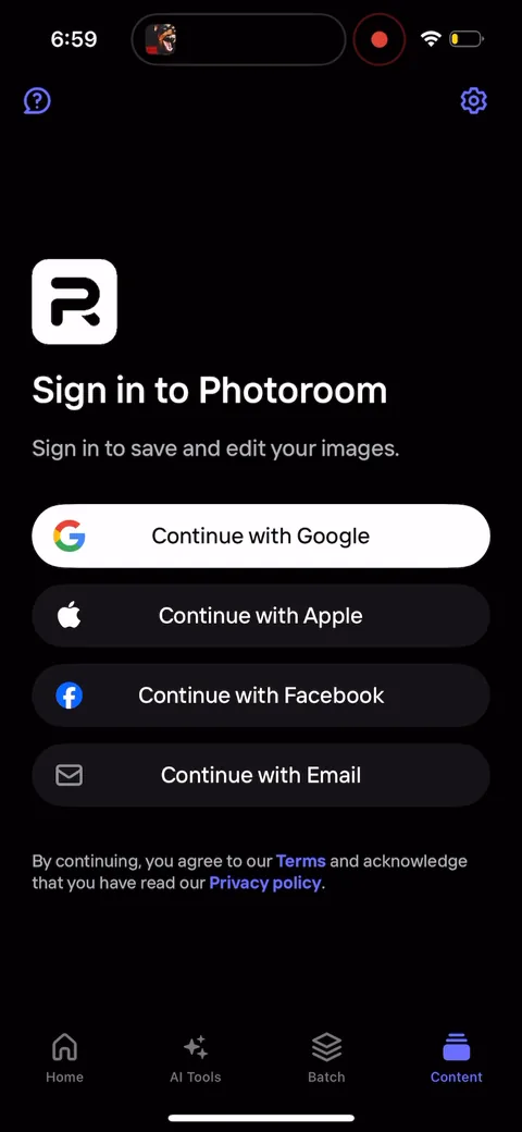 Photoroom onboarding screen 18: Sign-in is deferred and optional