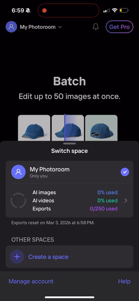 Photoroom onboarding screen 25: The space sheet exposes the metered model: 'AI images 0% used, AI videos 0% used, Exports 0/250 used, reset…