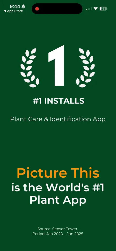 Picturethis onboarding screen 7: '#1 plant app,' cited to Sensor Tower