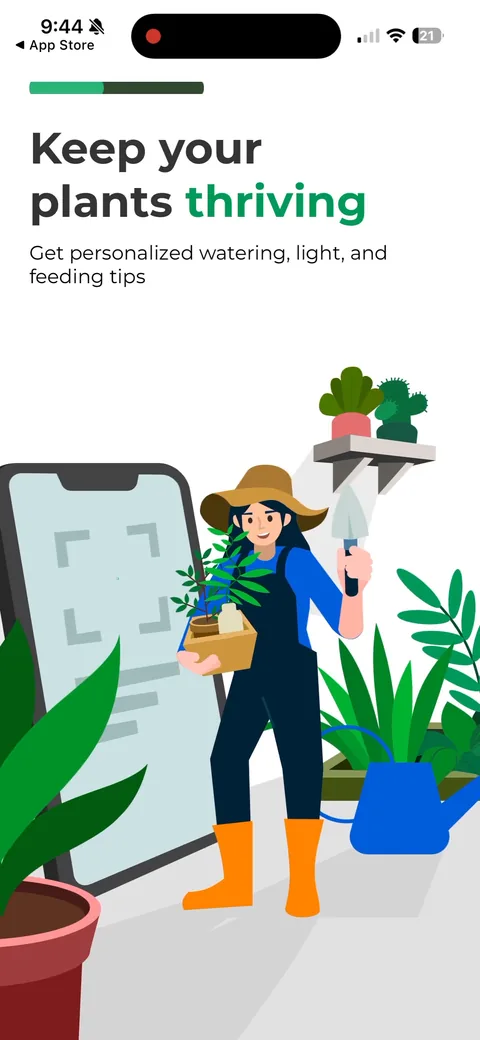 Picturethis onboarding screen 10: 'Keep your plants thriving' with personalized watering and light tips