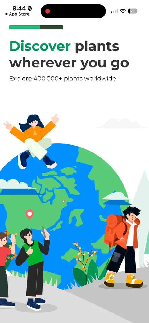 Picturethis onboarding screen 11: 'Discover plants wherever you go, explore 400,000 plants worldwide.' The big number is doing the credibility…