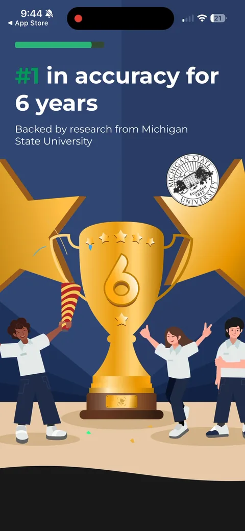 Picturethis onboarding screen 13: '#1 in accuracy for 6 years, backed by Michigan State University.' Third-party research as the trust anchor