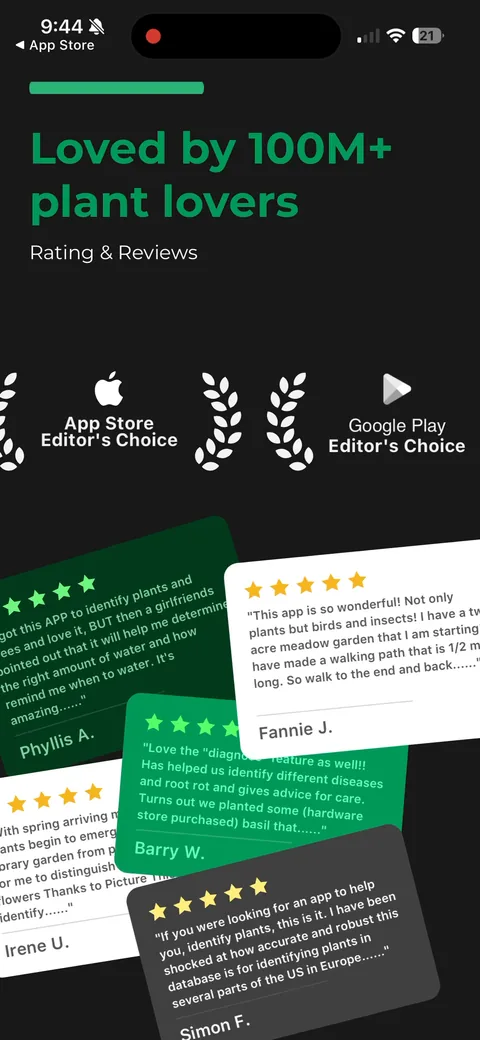 Picturethis onboarding screen 17: App Store and Google Play Editor's Choice badges plus a long, real-sounding review