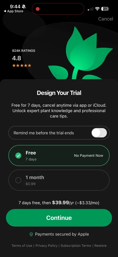 Picturethis paywall with pricing, onboarding screen 19