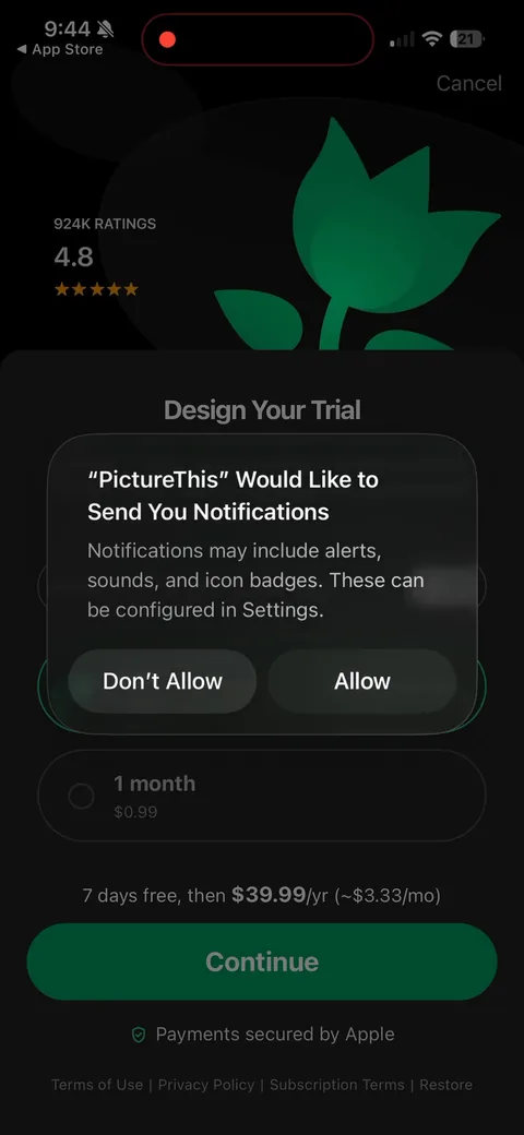Picturethis onboarding screen 20: Notification permission stacked on the trial sheet, framed as 'remind me before the trial ends.' The reason…