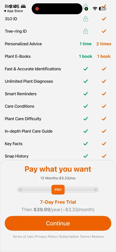Picturethis onboarding screen 45: The feature-table version of the same paywall
