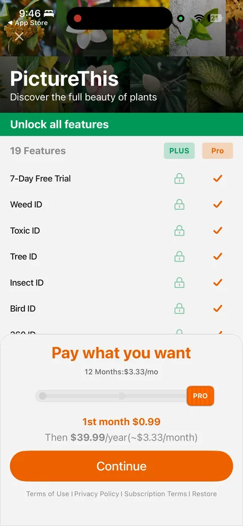 Picturethis onboarding screen 46: Dismiss the full-price wall and the offer softens to '1st month $0.99, then $39.99/year.' A segmented second…