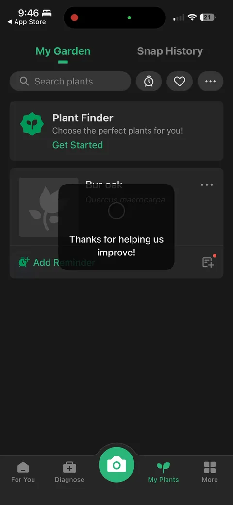 Picturethis onboarding screen 55: My Garden home: snap history, search, plant finder, diagnose