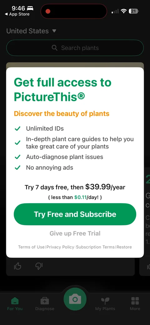 Picturethis onboarding screen 63: Contextual paywall: 'Get full access, try 7 days free then $39.99/year, less than $0.11/day.' The per-day…