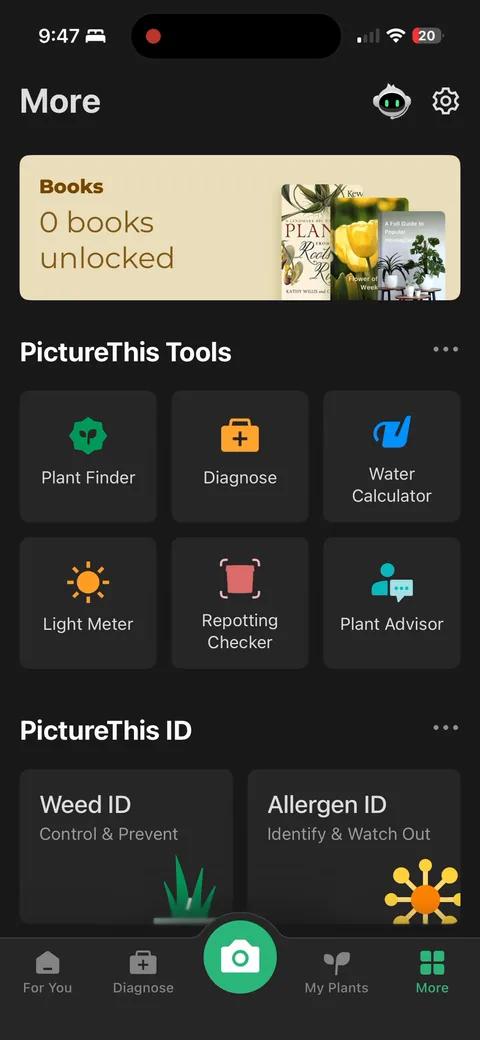 Picturethis onboarding screen 73: Tools grid: 20 books, plant finder, diagnose, water calculator, light meter, repotting checker