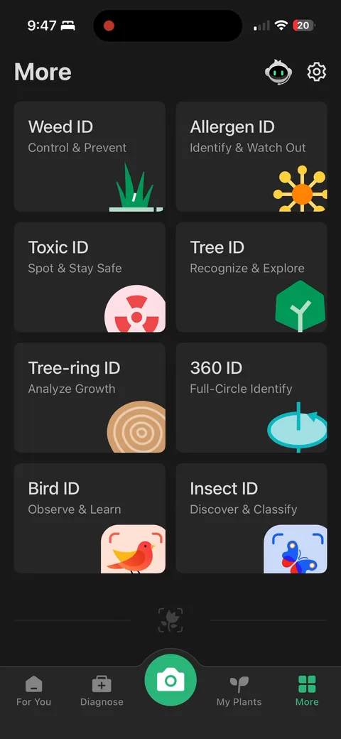 Picturethis onboarding screen 76: The full ID suite laid out: weed ID, toxic ID, tree ring ID, bird ID, insect ID, 360 ID