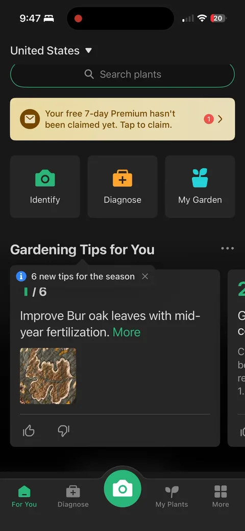 Picturethis onboarding screen 80: Back on the home feed with the same 'free premium hasn't been claimed' nudge