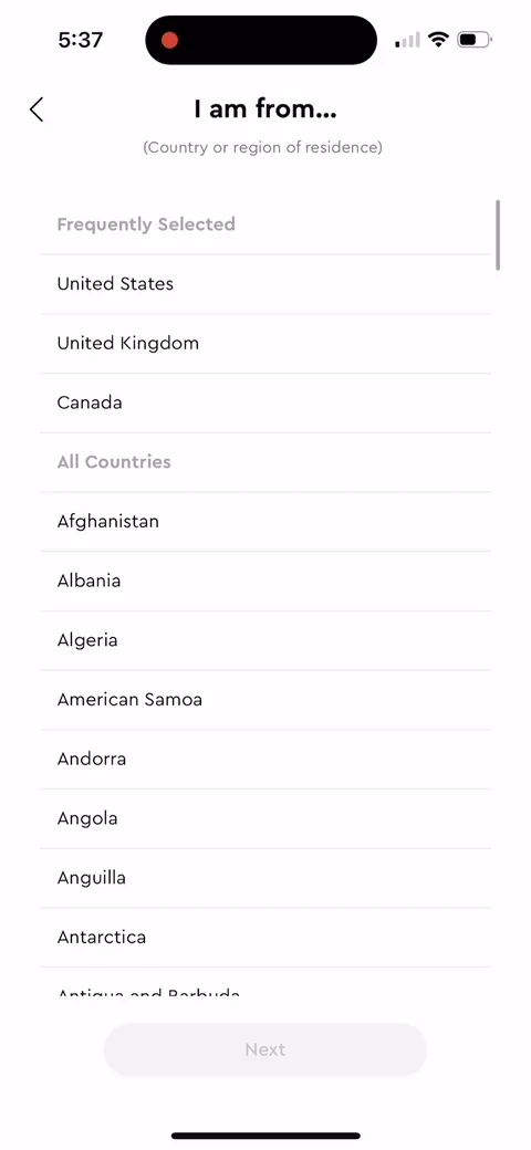 Pimsleur onboarding screen 3: Country before anything else, for pricing and content localisation