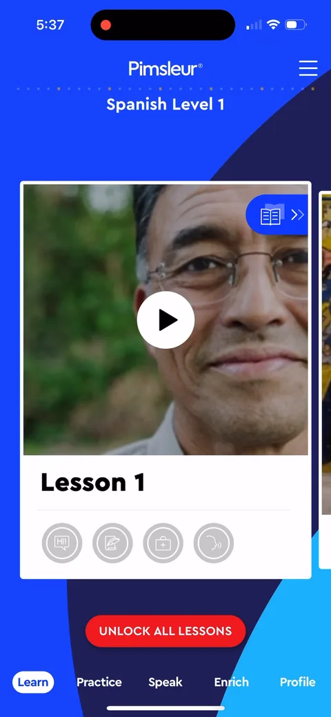 Pimsleur onboarding screen 10: Lesson 1 plays immediately and it's the real thing, a full thirty minute Pimsleur unit rather than a sample