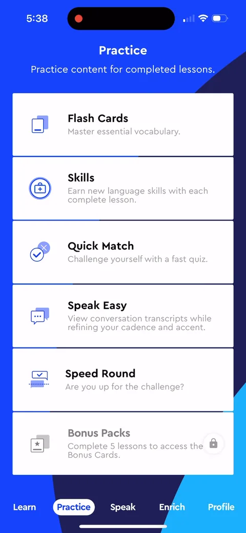 Pimsleur onboarding screen 13: The Practice tab is mostly locked too, including 'Bonus Packs: Complete 5 lessons to access the Bonus Cards.'…
