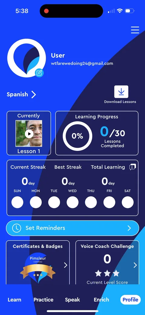 Pimsleur onboarding screen 17: Streaks, 0/30 lessons completed, certificates and a Voice Coach Challenge score, every one of them sitting at…