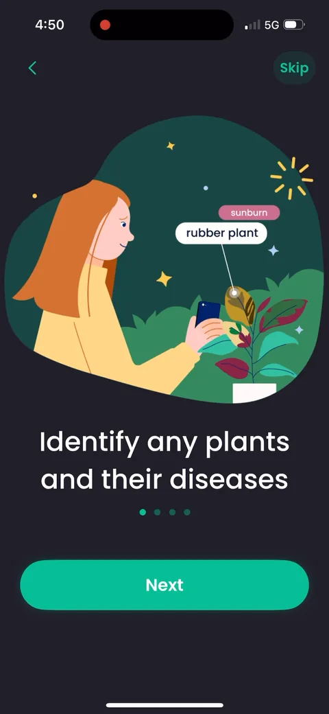 Plantin onboarding screen 3: Four value prop screens with a Skip in the corner