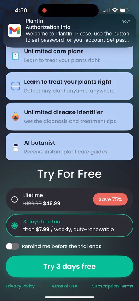 Plantin paywall with pricing, onboarding screen 14