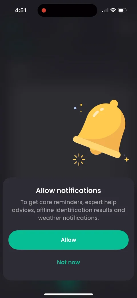 Plantin onboarding screen 17: Notification primer that lists what you actually get: care reminders, expert help, offline identification…