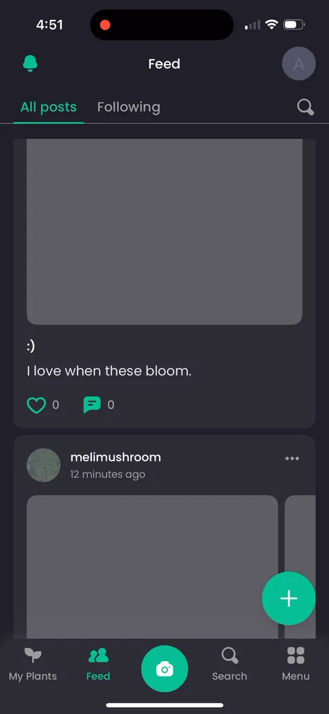 Plantin onboarding screen 18: A real community feed on day one, with actual posts like 'my avocado tree is wilting and idk what to do'…