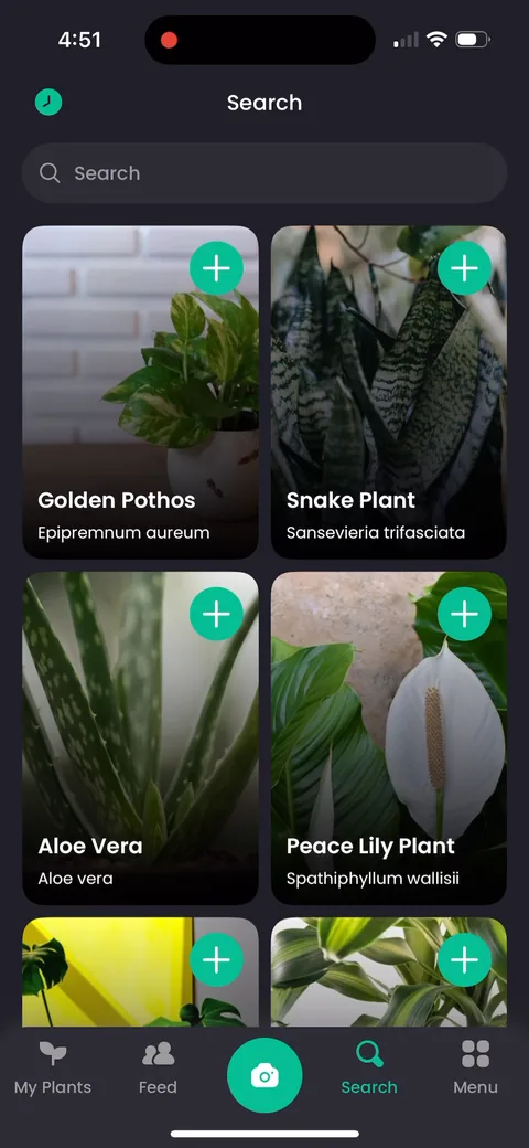 Plantin onboarding screen 24: Search is a browsable plant catalog with a + on every card