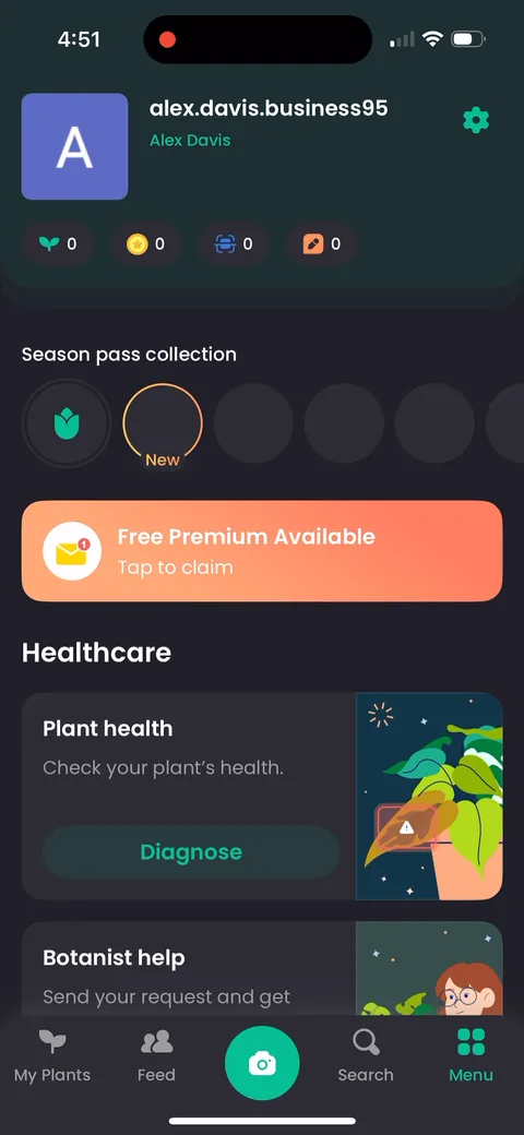 Plantin onboarding screen 29: 'Free Premium Available