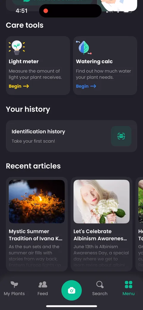 Plantin onboarding screen 35: Light meter and watering calculator as free tools alongside the paid diagnosis