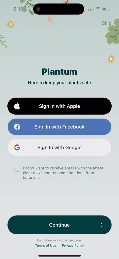 Plantum onboarding screen 3: Signup is the first real screen, before a single value prop