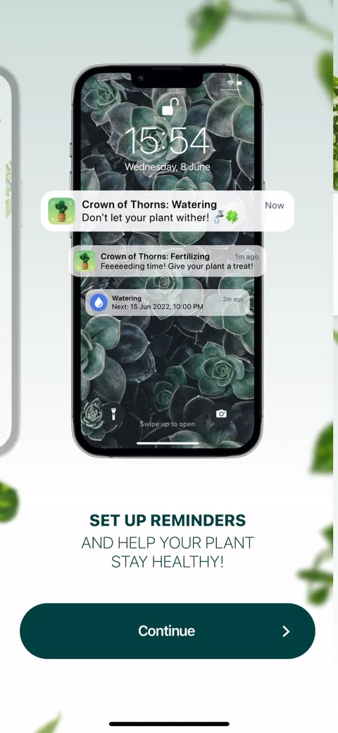 Plantum onboarding screen 10: 'SET UP REMINDERS AND HELP YOUR PLANT STAY HEALTHY' shown as a lock screen mockup with the actual…