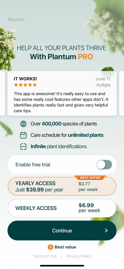 Plantum paywall with pricing, onboarding screen 11