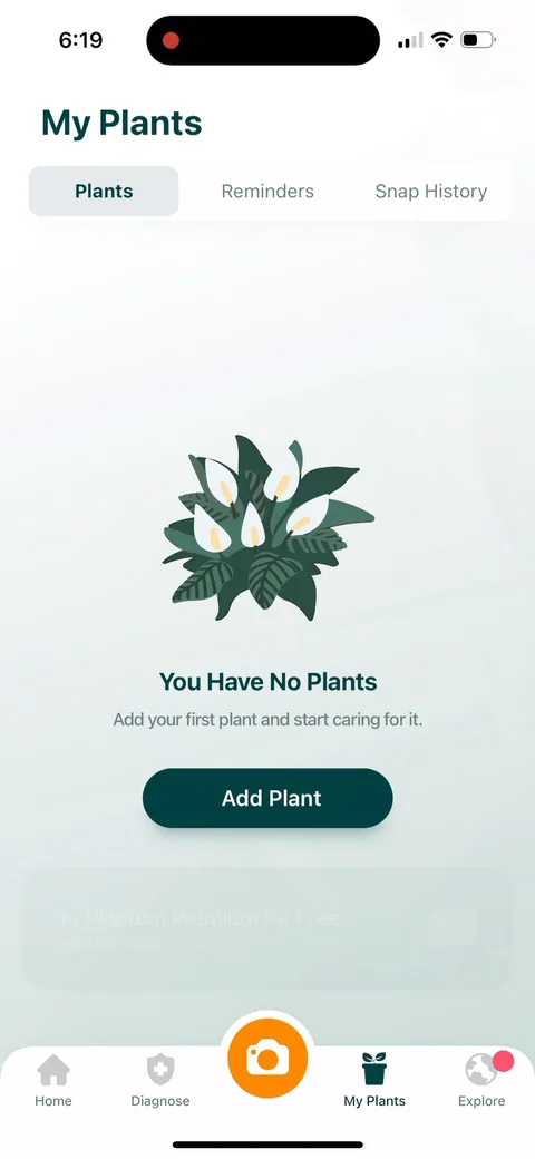 Plantum onboarding screen 15: 'You Have No Plants' with an Add Plant button and the premium banner underneath