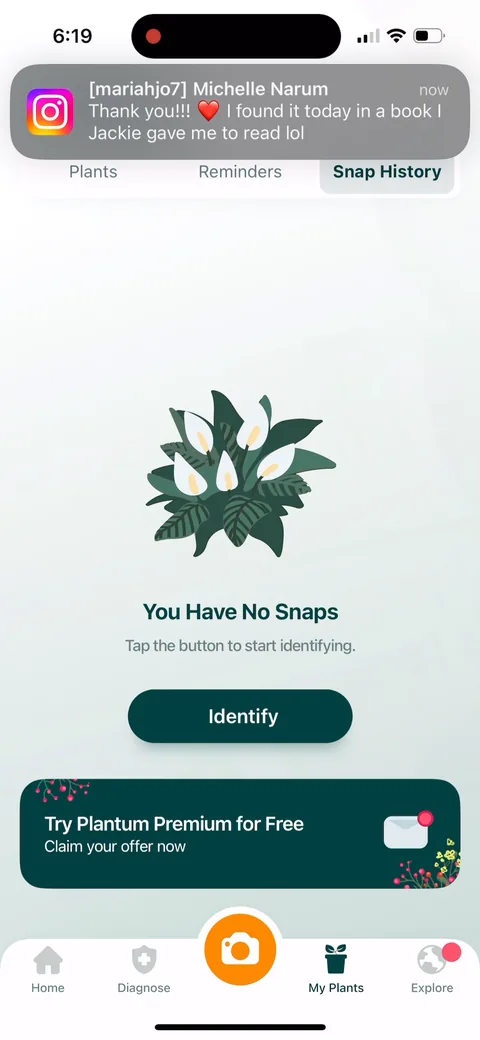 Plantum onboarding screen 17: 'You Have No Snaps' on the next tab over
