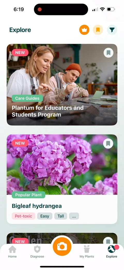 Plantum onboarding screen 18: Explore is full of real content, care guides and plant articles, and it's the only tab that isn't empty on…