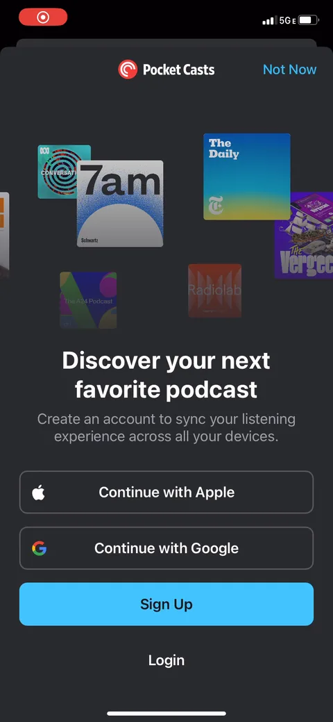 Pocket Casts onboarding screen 1: Signup is the first thing you see, before a single episode plays