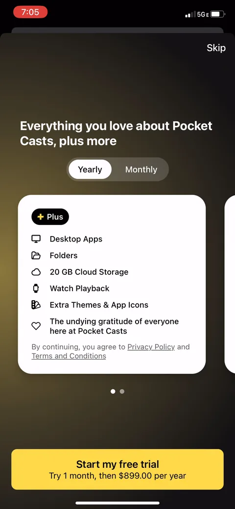 Pocket Casts paywall with pricing, onboarding screen 8