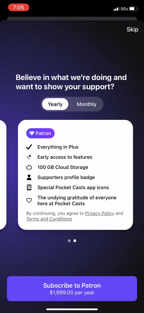 Pocket Casts onboarding screen 10: Swipe right and the second page is the Patron tier at a much higher annual price, framed as 'Believe in what…