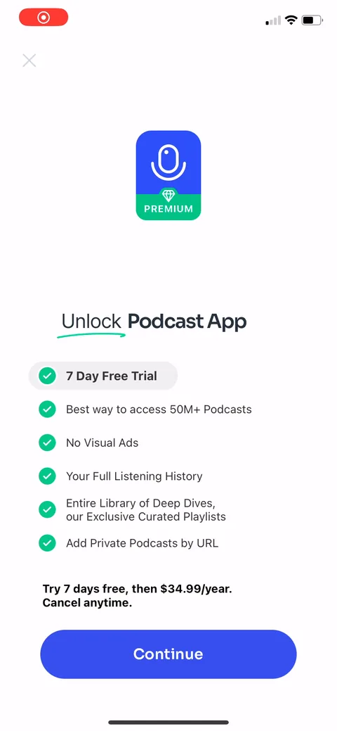 Podcast App onboarding screen 1: Paywall is the very first screen, before any signup or a single play